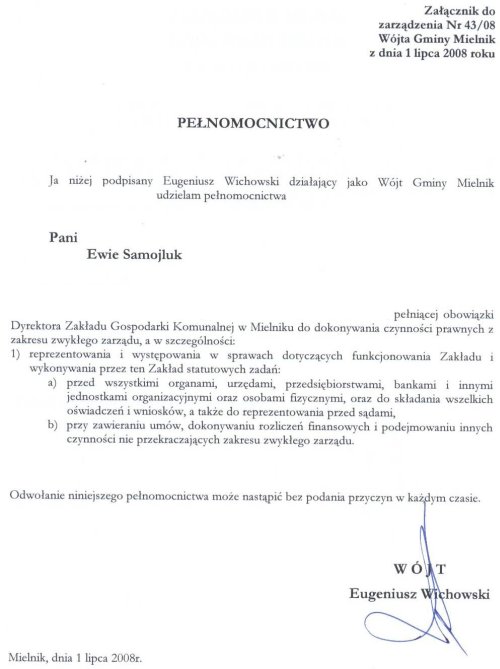 Załącznik do zarządzenia nr 43/08 Wójta Gminy Mielnik z dnia 1 lipca 2008r. (PEŁNOMOCNICTWO)
