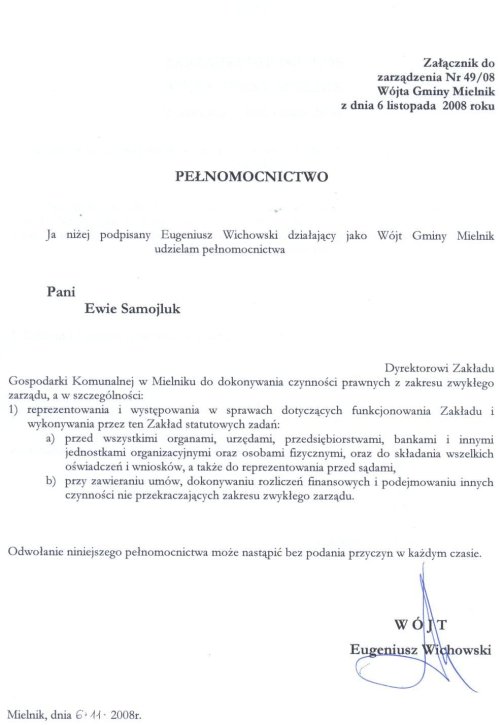 Załącznik do zarządzenia nr 49/08 Wójta Gminy Mielnik z dnia 6 listopada roku 2008 (PEŁNOMOCNICTWO)