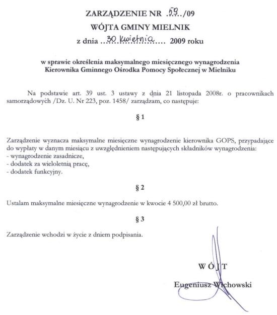 Zarządzenie nr 59/09 Wójta Gminy Mielnik z dnia 30 kwietnia 2009 roku w sprawie określenia maksymalnego miesięcznego wynagrodzenia Kierownika Gminnego Ośrodka Pomocy Społecznej w Mielniku