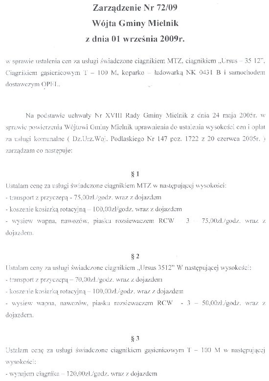 Zarządzenie nr 72/09 Wójta Gminy Mielnik z dnia 01 września 2009r. - strona 1