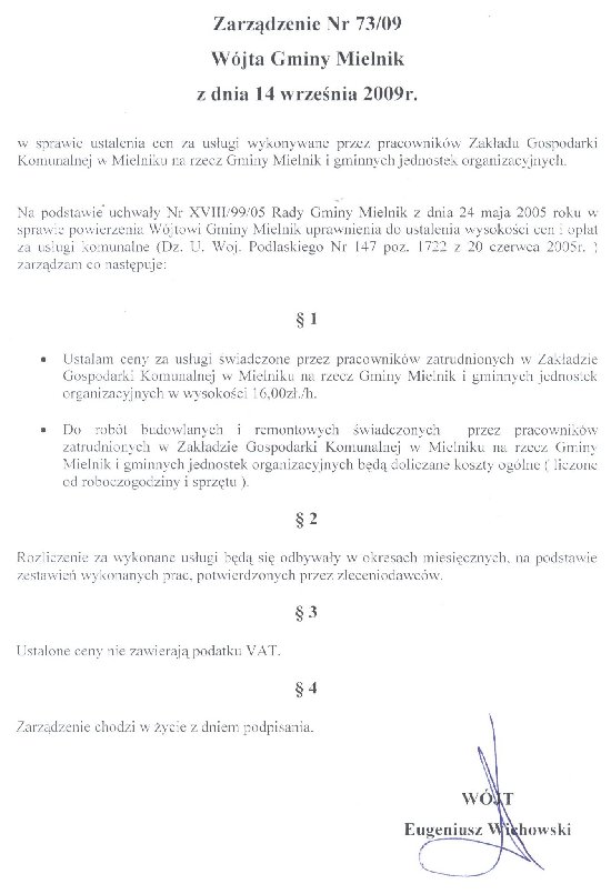 Zarządzenie nr 73/09 Wójta Gminy Mielnik z dnia 14 września 2009r.
