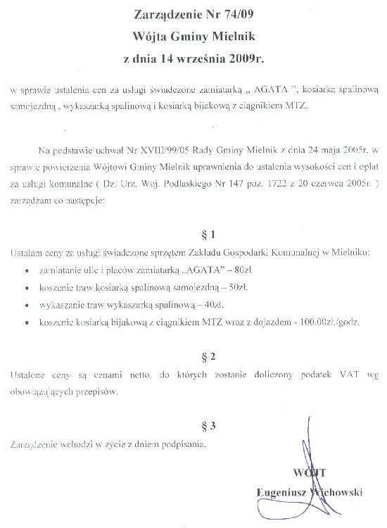 Zarządzenie nr 74/09 Wójta Gminy Mielnik z dnia 14 września 2009r.