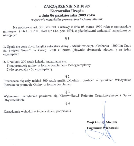 Zarządzenie Nr 10/09 Kierownika Urzędu z dnia 06 października 2009 r. w sprawie materiałów promocyjnych Gminy Mielnik